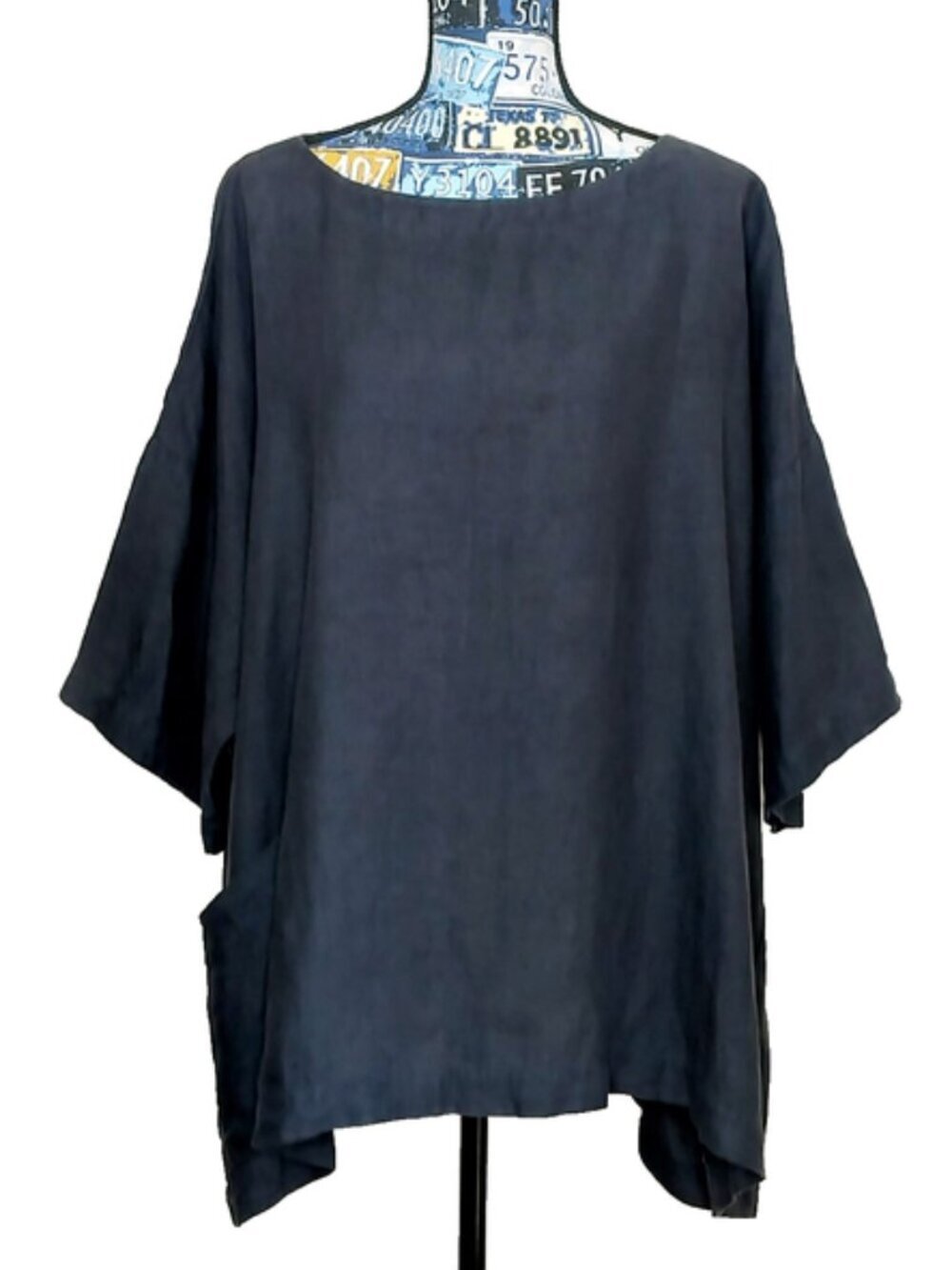 ESKANDAR Linen Tunic Top Oversized Lagenlook Scoop Boat Neck Navy Blue Sz 1 S/M